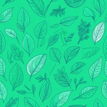 Green background with drawing of leaves and flowers. Drawing is of various types of leaves and flowers, with some of them being large and small. Concept of growth and vitality background. Copy space