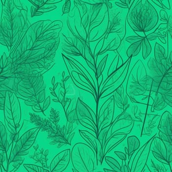 Green background with drawing of leaves and flowers. Drawing is of various types of leaves and flowers, with some of them being large and small. Concept of growth and vitality background. Copy space