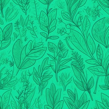 Green background with drawing of leaves and flowers. Drawing is of various types of leaves and flowers, with some of them being large and small. Concept of growth and vitality background. Copy space