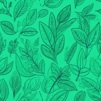 Green background with drawing of leaves and flowers. Drawing is of various types of leaves and flowers, with some of them being large and small. Concept of growth and vitality background. Copy space