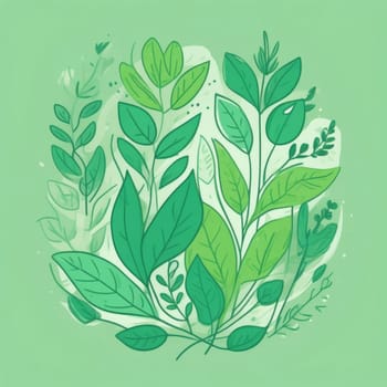 Green background with drawing of leaves and flowers. Drawing is of various types of leaves and flowers, with some of them being large and small. Concept of growth and vitality background. Copy space