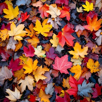 Seamless texture and background of colorful fallen autumnal leaves. Neural network generated image. Not based on any actual scene or pattern.