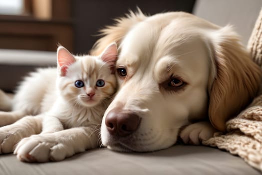A loving kitten and a dog are lying on the bed. AI generated image.