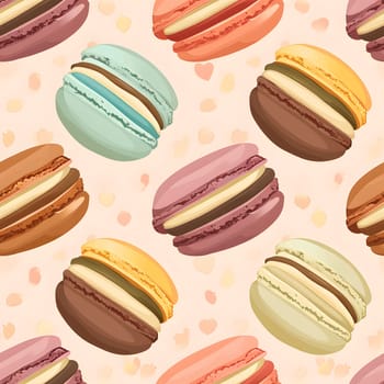 Seamless background of colorful macarons pattern. Neural network generated image. Not based on any actual scene or pattern.