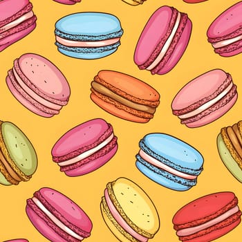 Seamless background of colorful macarons pattern. Neural network generated image. Not based on any actual scene or pattern.