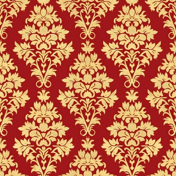 Seamless texture of red and gold damask pattern. Neural network generated image. Not based on any actual scene or pattern.