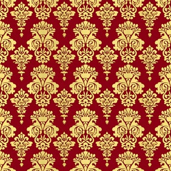 Seamless texture of red and gold damask pattern. Neural network generated image. Not based on any actual scene or pattern.