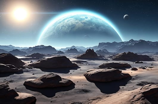 Exoplanet Exploration. Sleek spacecraft cruising through a vibrant solar system dotted with exotic planets and moons.