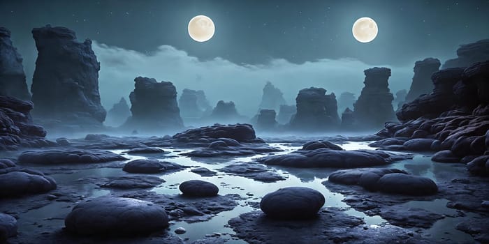 Lunar Dreamscape. Dreamy depiction of a moonlit landscape on a desolate alien world, rendered with glowing phosphorescent flora and eerie rock formations under a sky filled with crescent moons and distant planetary bodies.