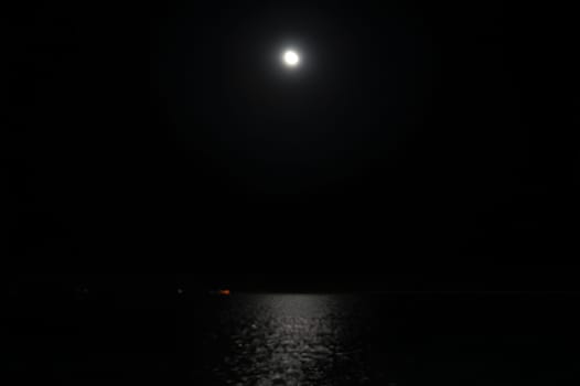 A dark night sky with a full moon and water
