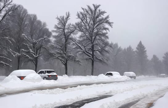 The impact of a severe blizzard with snowdrifts engulfing structures and roads, creating a wintry landscape shrouded in a blanket of white. Panorama