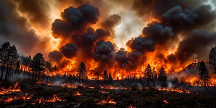 The intensity of a raging wildfire as it engulfs a forest in flames, capturing the spectacle of fiery embers and billowing smoke against a darkened sky. Panorama