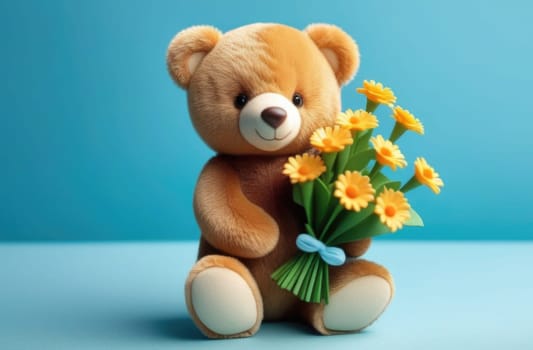 Teddy bear is holding bouquet of flowers isolated on pastel background. Concept of birthday and warmth, affection as teddy bear is symbol of love and comfort. Flowers add touch of beauty, color