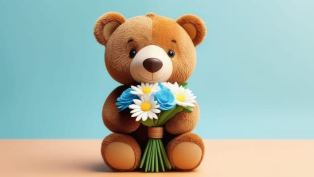 Teddy bear is holding bouquet of flowers isolated on pastel background. Concept of birthday and warmth, affection as teddy bear is symbol of love and comfort. Flowers add touch of beauty, color