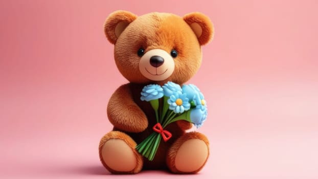 Teddy bear is holding bouquet of flowers isolated on pastel background. Concept of birthday and warmth, affection as teddy bear is symbol of love and comfort. Flowers add touch of beauty, color