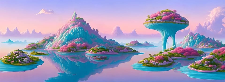 Surreal and dreamlike landscape of floating islands suspended in a pastel-colored sky, connected by delicate bridges and adorned with exotic flora.