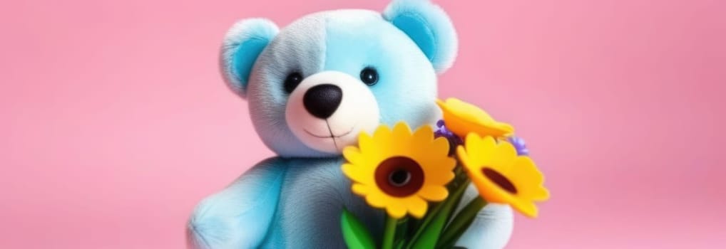 Teddy bear is holding bouquet of flowers isolated on pastel background. Concept of birthday and warmth, affection as teddy bear is symbol of love and comfort. Flowers add touch of beauty, color