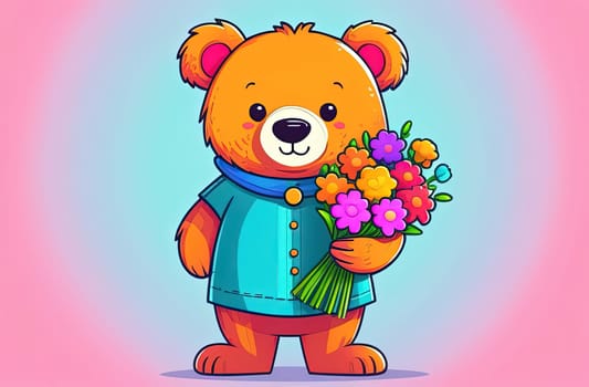 Teddy bear is holding bouquet of flowers isolated on pastel background. Concept of birthday and warmth, affection as teddy bear is symbol of love and comfort. Flowers add touch of beauty, color