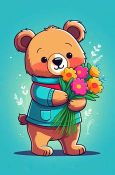 Teddy bear is holding bouquet of flowers isolated on pastel background. Concept of birthday and warmth, affection as teddy bear is symbol of love and comfort. Flowers add touch of beauty, color