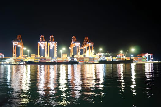 A large group of cranes are lit up at night