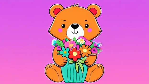 Teddy bear is holding bouquet of flowers isolated on pastel background. Concept of birthday and warmth, affection as teddy bear is symbol of love and comfort. Flowers add touch of beauty, color