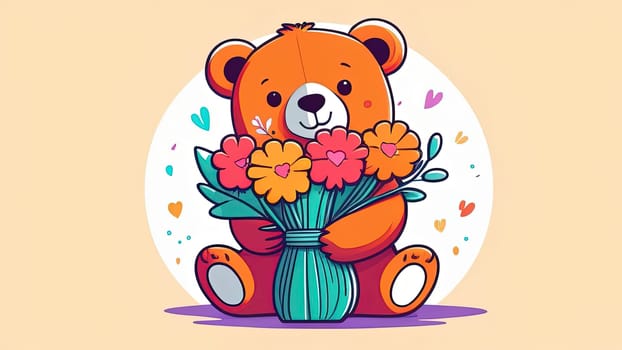 Teddy bear is holding bouquet of flowers isolated on pastel background. Concept of birthday and warmth, affection as teddy bear is symbol of love and comfort. Flowers add touch of beauty, color