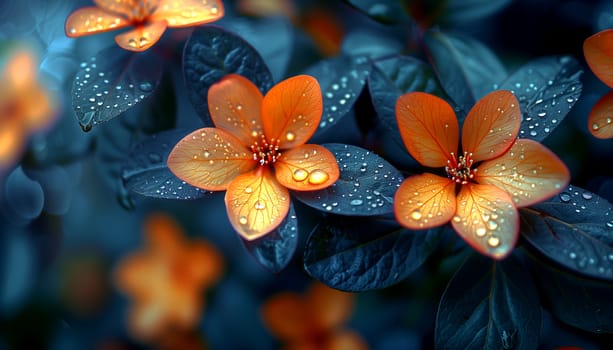 Close-up of a beautiful orange flower on a dark background. There are drops of water on the petals of a flower. AI generated.