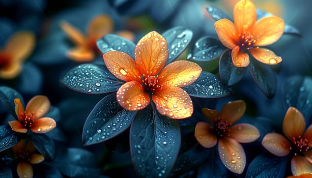 Close-up of a beautiful orange flower on a dark background. There are drops of water on the petals of a flower. AI generated.