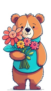 Teddy bear is holding bouquet of flowers isolated on pastel background. Concept of birthday and warmth, affection as teddy bear is symbol of love and comfort. Flowers add touch of beauty, color