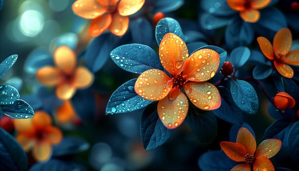 Close-up of a beautiful orange flower on a dark background. There are drops of water on the petals of a flower. AI generated.