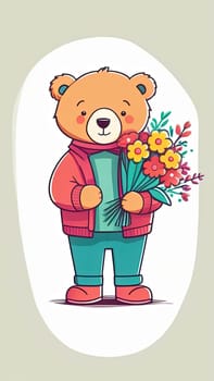 Teddy bear is holding bouquet of flowers isolated on pastel background. Concept of birthday and warmth, affection as teddy bear is symbol of love and comfort. Flowers add touch of beauty, color