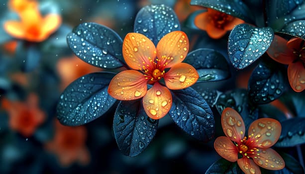 Close-up of a beautiful orange flower on a dark background. There are drops of water on the petals of a flower. AI generated.