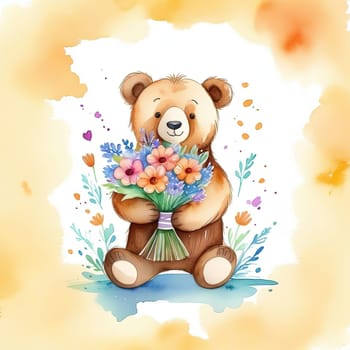 Teddy bear is holding bouquet of flowers isolated on pastel background. Concept of birthday and warmth, affection as teddy bear is symbol of love and comfort. Flowers add touch of beauty, color