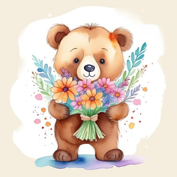 Teddy bear is holding bouquet of flowers isolated on pastel background. Concept of birthday and warmth, affection as teddy bear is symbol of love and comfort. Flowers add touch of beauty, color