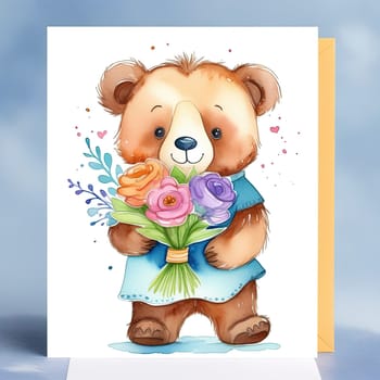 Teddy bear is holding bouquet of flowers isolated on pastel background. Concept of birthday and warmth, affection as teddy bear is symbol of love and comfort. Flowers add touch of beauty, color