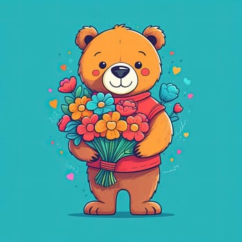 Teddy bear is holding bouquet of flowers isolated on pastel background. Concept of birthday and warmth, affection as teddy bear is symbol of love and comfort. Flowers add touch of beauty, color