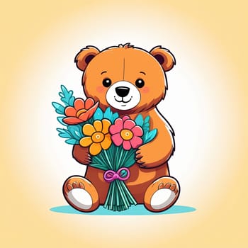 Teddy bear is holding bouquet of flowers isolated on pastel background. Concept of birthday and warmth, affection as teddy bear is symbol of love and comfort. Flowers add touch of beauty, color