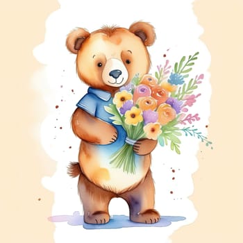 Teddy bear is holding bouquet of flowers isolated on pastel background. Concept of birthday and warmth, affection as teddy bear is symbol of love and comfort. Flowers add touch of beauty, color