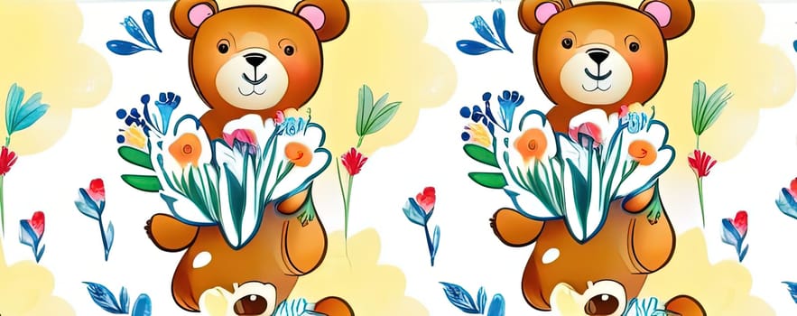 Teddy bear is holding bouquet of flowers isolated on pastel background. Concept of birthday and warmth, affection as teddy bear is symbol of love and comfort. Flowers add touch of beauty, color