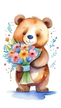 Teddy bear is holding bouquet of flowers isolated on pastel background. Concept of birthday and warmth, affection as teddy bear is symbol of love and comfort. Flowers add touch of beauty, color