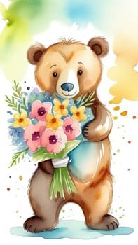 Teddy bear is holding bouquet of flowers isolated on pastel background. Concept of birthday and warmth, affection as teddy bear is symbol of love and comfort. Flowers add touch of beauty, color