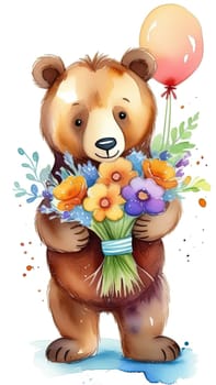 Teddy bear is holding bouquet of flowers isolated on pastel background. Concept of birthday and warmth, affection as teddy bear is symbol of love and comfort. Flowers add touch of beauty, color