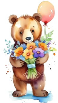 Teddy bear is holding bouquet of flowers isolated on pastel background. Concept of birthday and warmth, affection as teddy bear is symbol of love and comfort. Flowers add touch of beauty, color