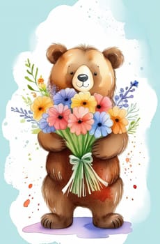 Teddy bear is holding bouquet of flowers isolated on pastel background. Concept of birthday and warmth, affection as teddy bear is symbol of love and comfort. Flowers add touch of beauty, color