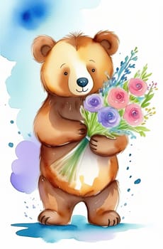 Teddy bear is holding bouquet of flowers isolated on pastel background. Concept of birthday and warmth, affection as teddy bear is symbol of love and comfort. Flowers add touch of beauty, color