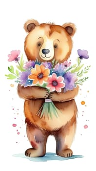 Teddy bear is holding bouquet of flowers isolated on pastel background. Concept of birthday and warmth, affection as teddy bear is symbol of love and comfort. Flowers add touch of beauty, color