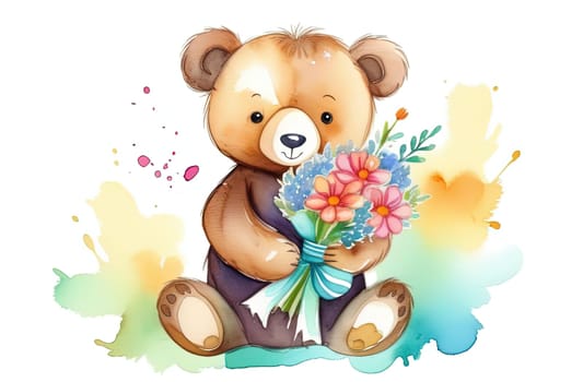 Teddy bear is holding bouquet of flowers isolated on pastel background. Concept of birthday and warmth, affection as teddy bear is symbol of love and comfort. Flowers add touch of beauty, color