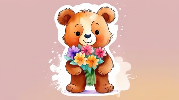 Teddy bear is holding bouquet of flowers isolated on pastel background. Concept of birthday and warmth, affection as teddy bear is symbol of love and comfort. Flowers add touch of beauty, color