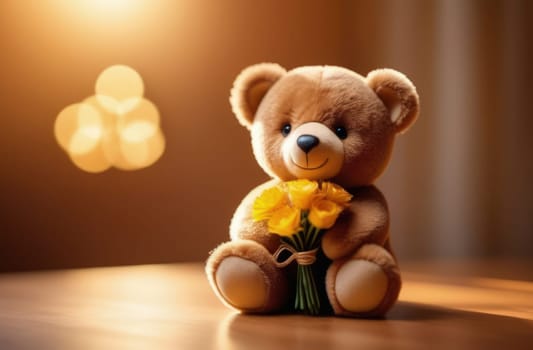 Teddy bear is holding bouquet of flowers isolated on pastel background. Concept of birthday and warmth, affection as teddy bear is symbol of love and comfort. Flowers add touch of beauty, color