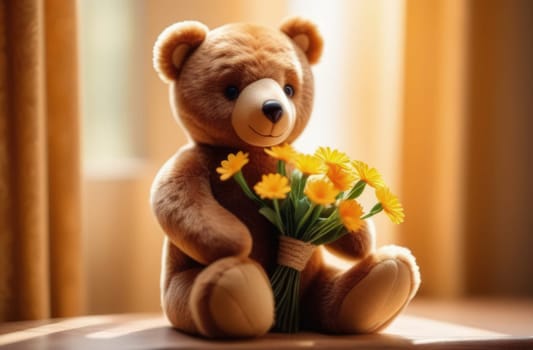 Teddy bear is holding bouquet of flowers isolated on pastel background. Concept of birthday and warmth, affection as teddy bear is symbol of love and comfort. Flowers add touch of beauty, color